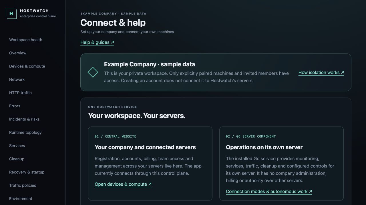 Hostwatch setup showing central workspace management and Go operations limited to the installed server