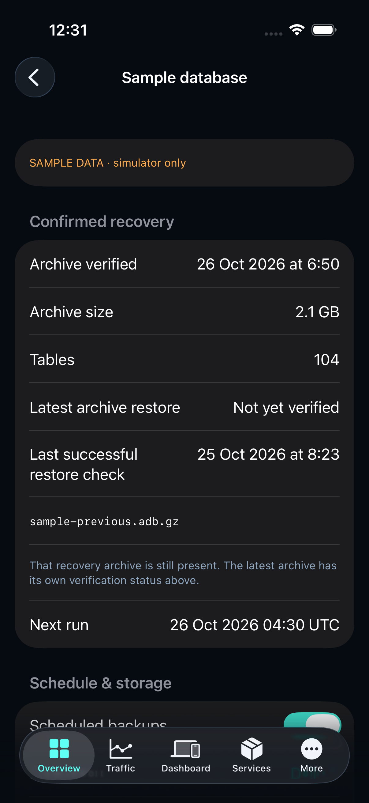 Hostwatch latest archive restore status and earlier successful full restore, simulator sample data