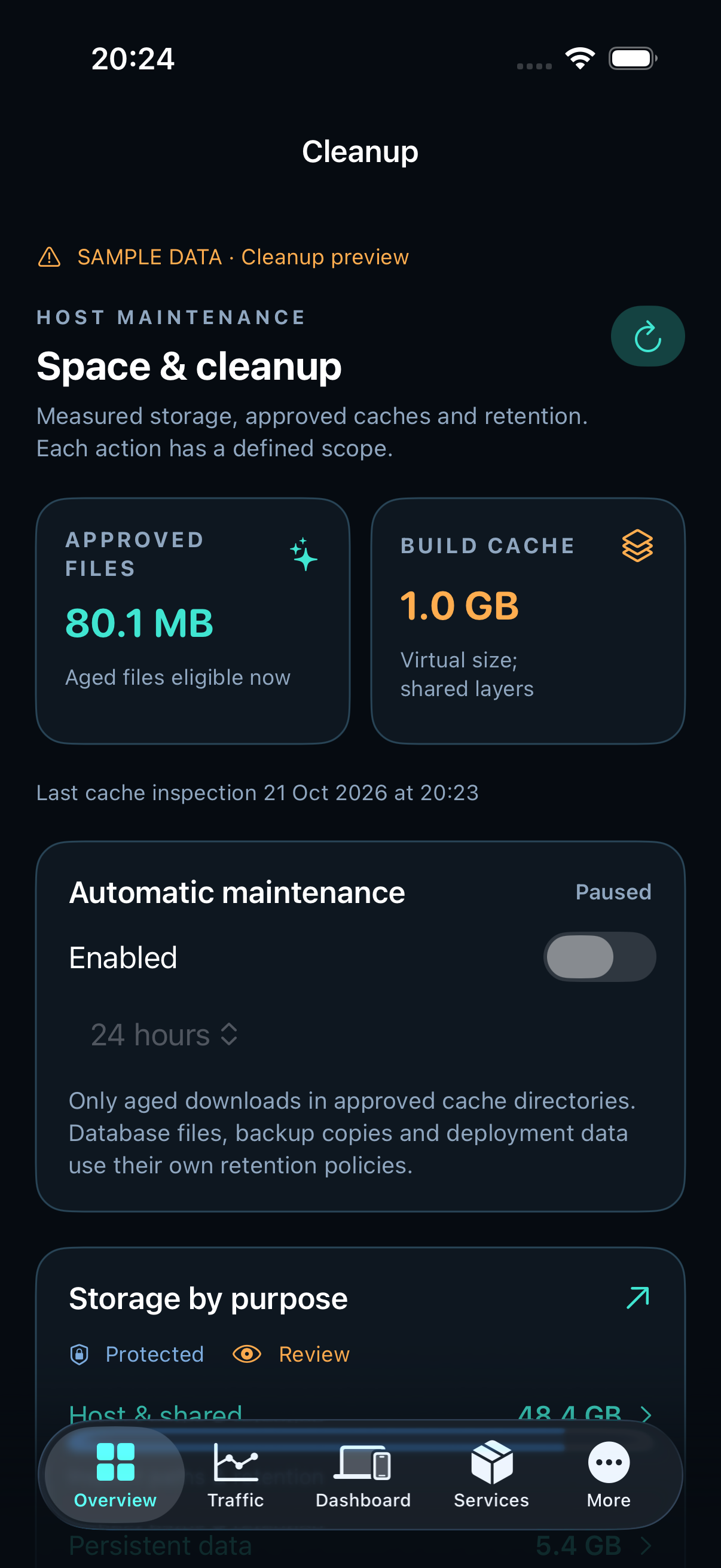 Hostwatch Cleanup screen with paths and cache controls, using sample data