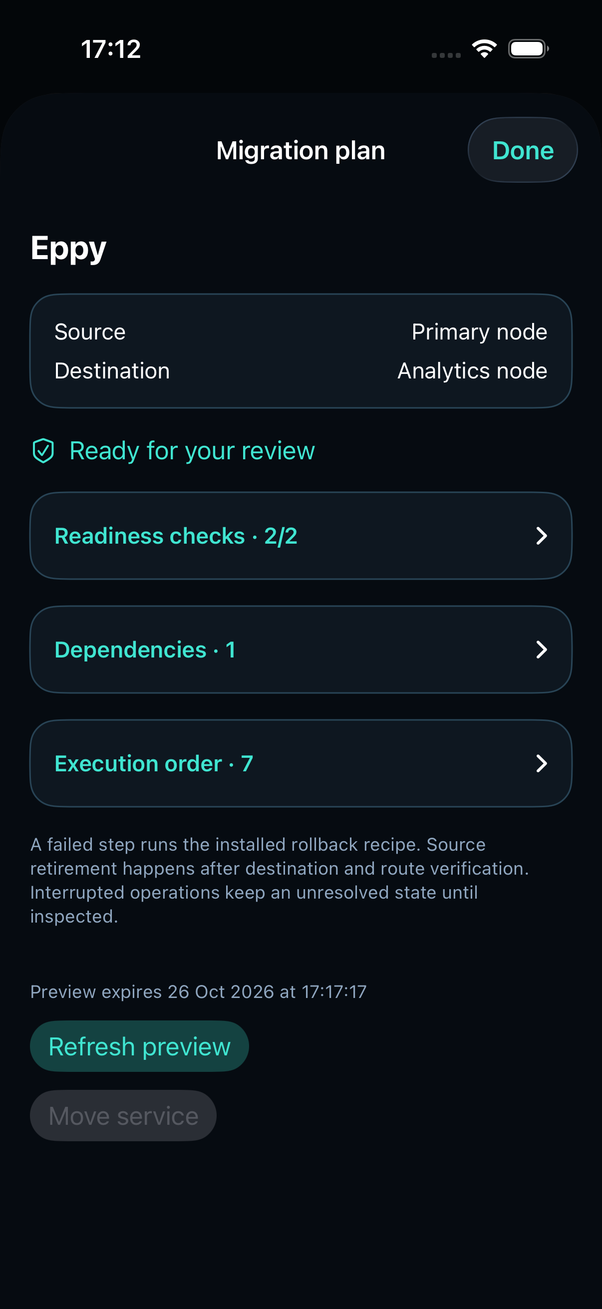 Hostwatch iPhone migration plan with source and destination, compact checks, dependencies, execution order and expiry; sample data