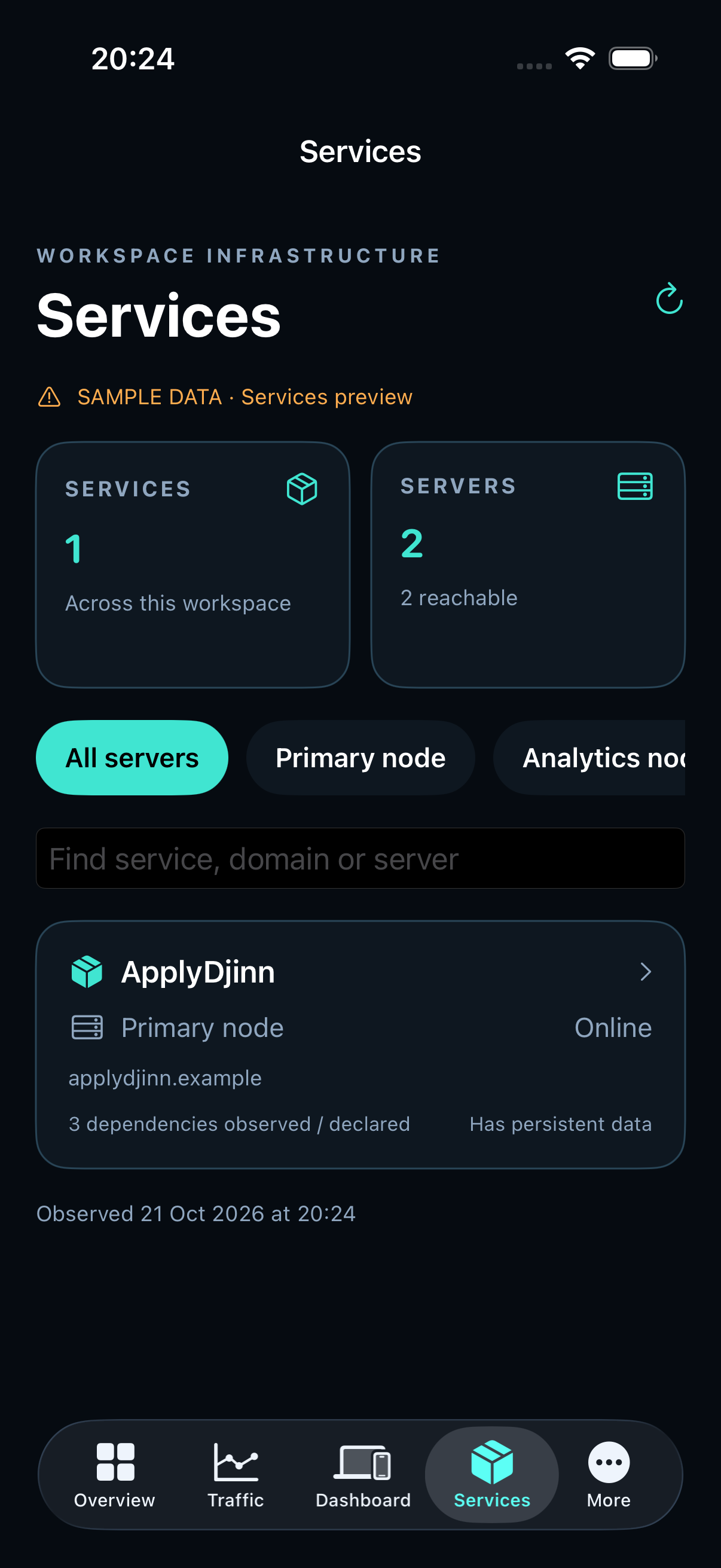 Hostwatch Services tab with connected servers and labeled sample application data