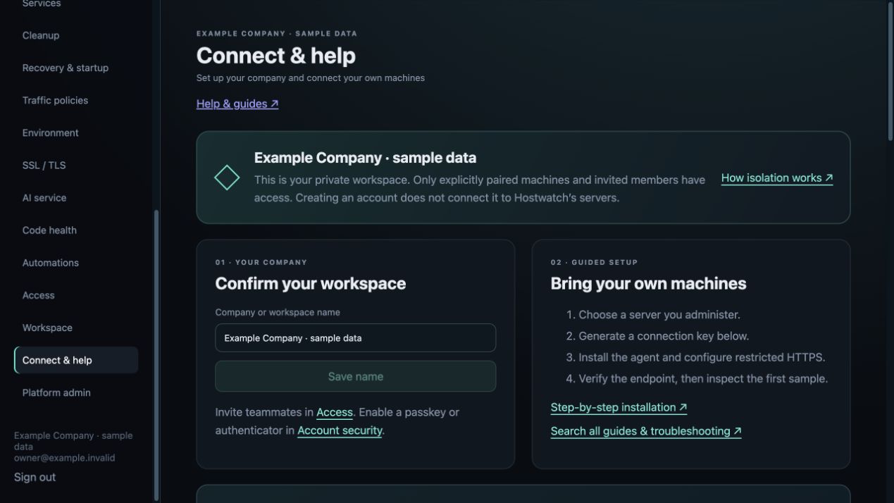 Hostwatch company setup screen with private workspace and guided agent enrollment