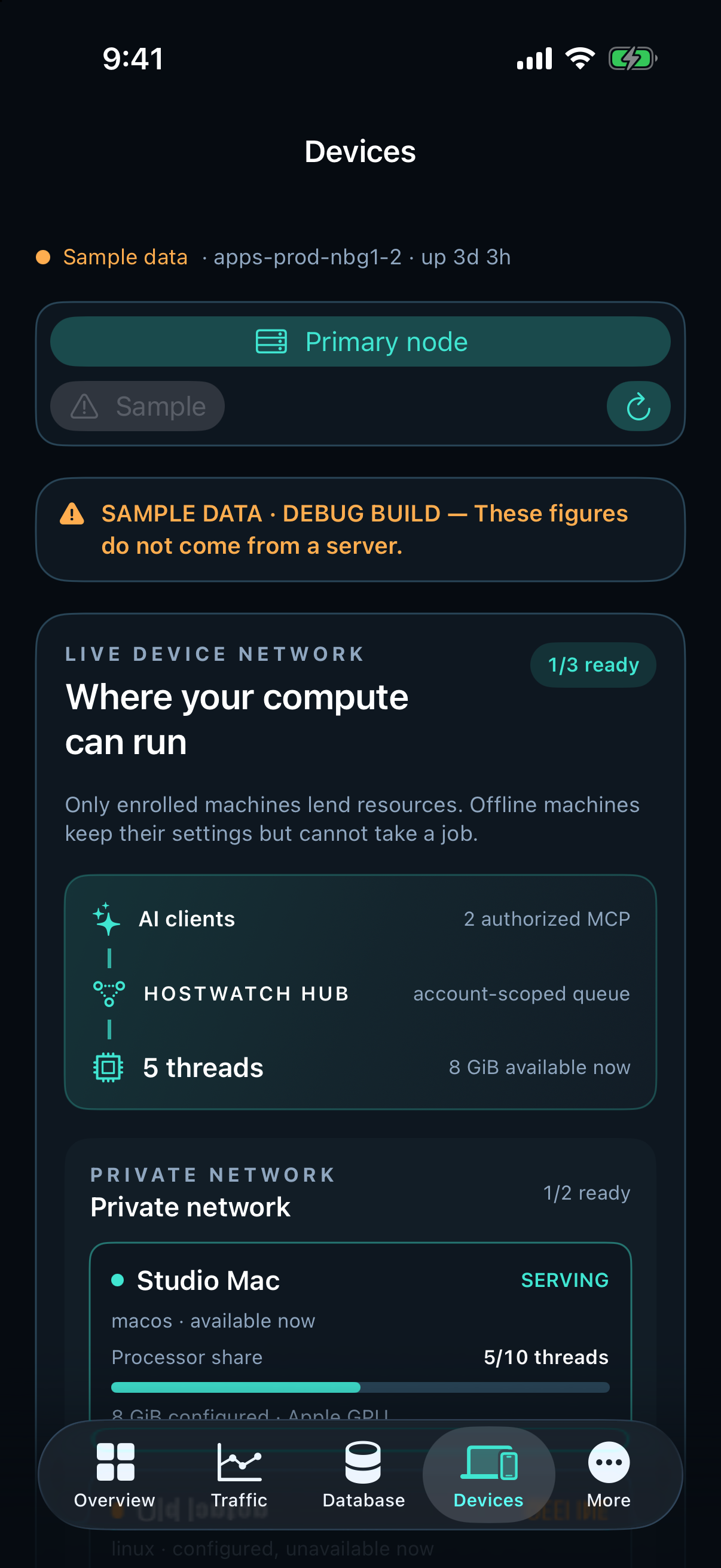 Hostwatch iPhone Devices tab showing the sample device network infographic, capacity and machine state