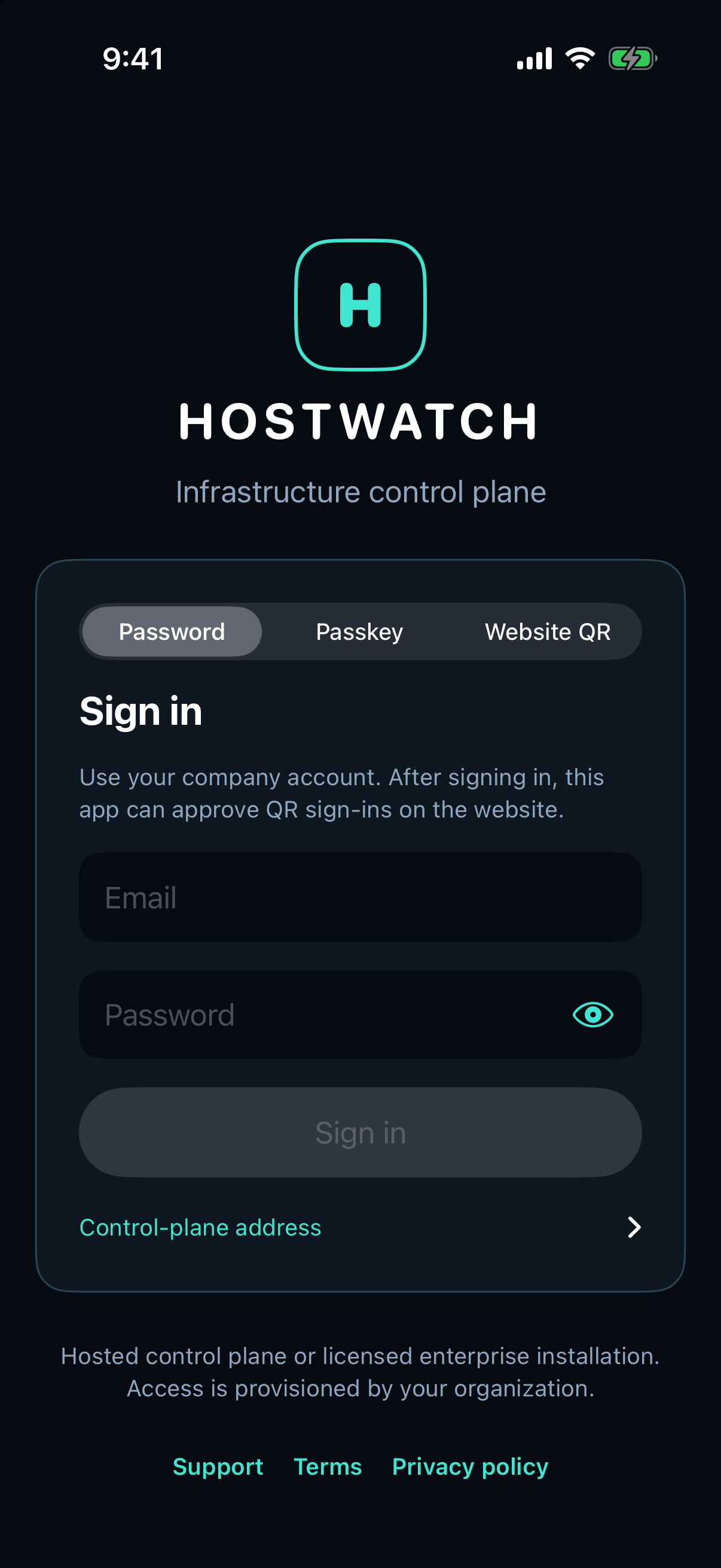 Hostwatch iPhone sign-in screen