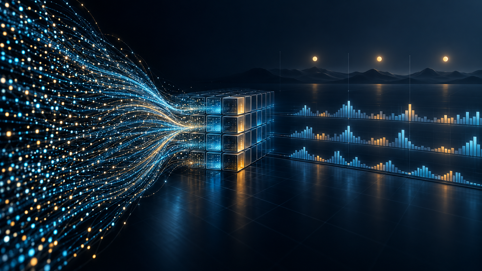 Request streams flowing through aggregation cells into a historical timeline