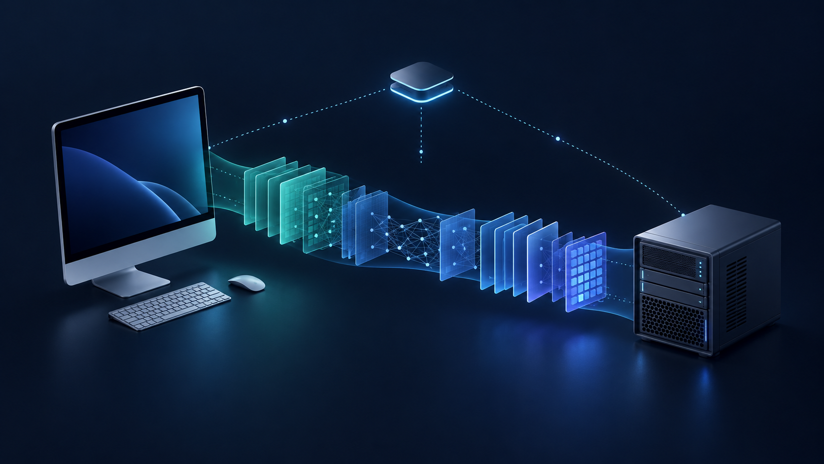 Conceptual illustration of an Apple desktop and Linux server sharing successive AI model stages through a private control plane