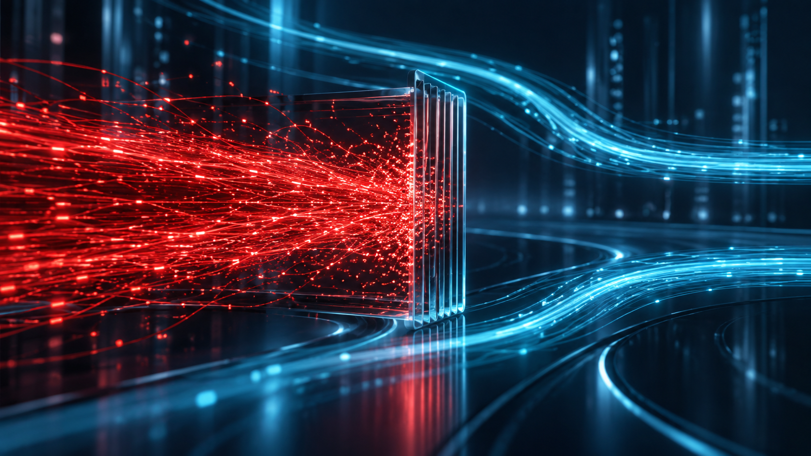 A narrow gate constrains a red pressure stream while cyan paths remain open