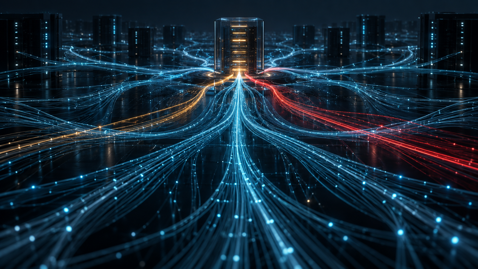 Many illuminated request paths converge on one application route