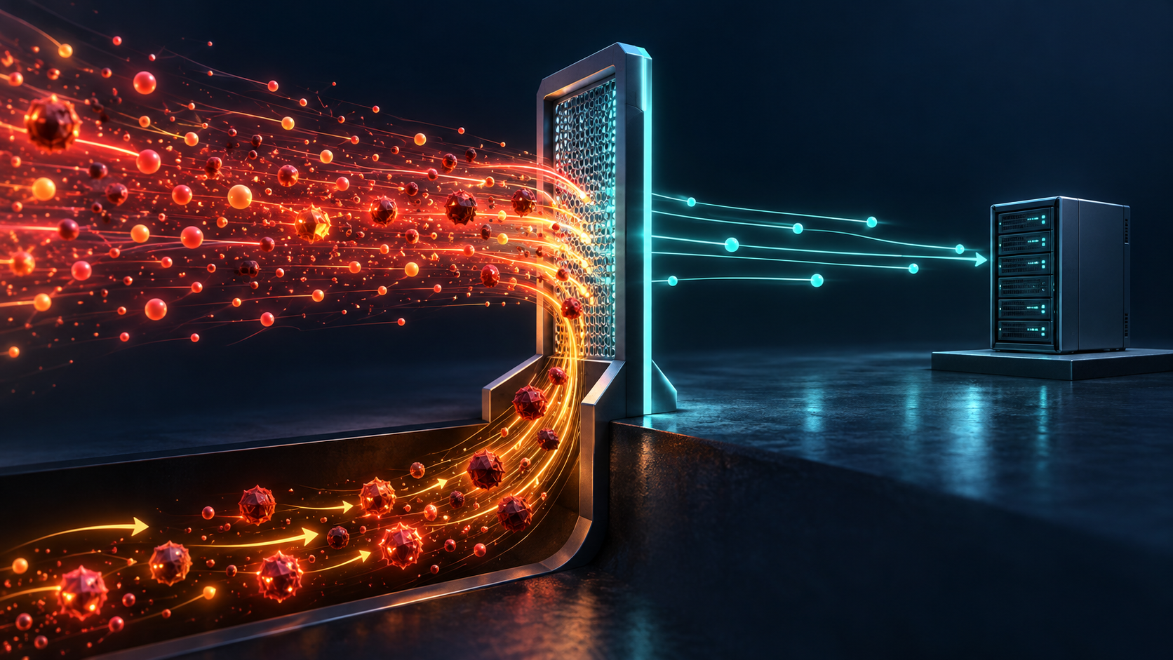 Conceptual illustration of a gateway diverting a hostile HTTP request stream while normal traffic continues to a small server